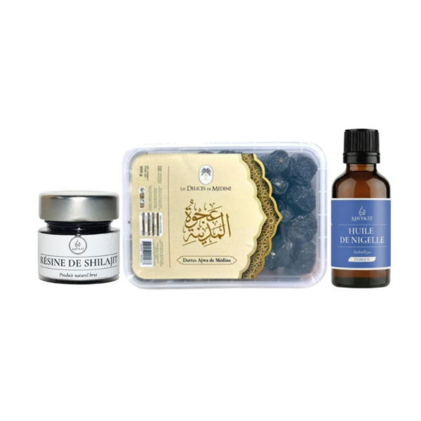 Pack Endurance Jeûne avec dattes ʿAjwa 500 g, huile de nigelle d’Éthiopie 100 ml et résine de shilajit 40 g