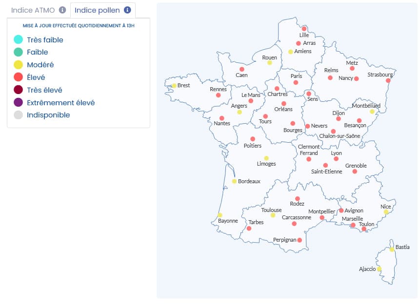 Carte indice pollen France Atmo France saison pollinique