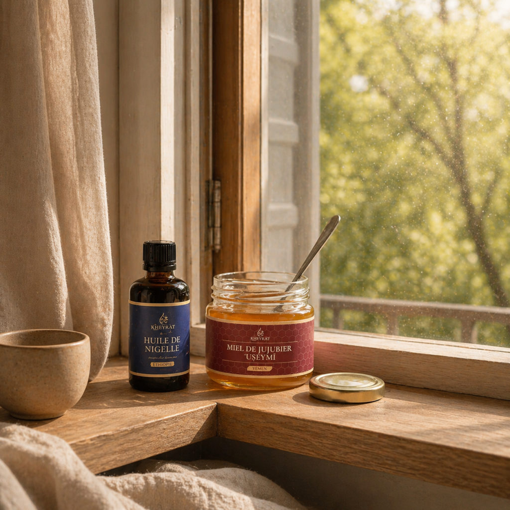 huile de nigelle et miel de jujubier posés sur un rebord de fenêtre avec lumière naturelle pour routine naturelle allergie pollen