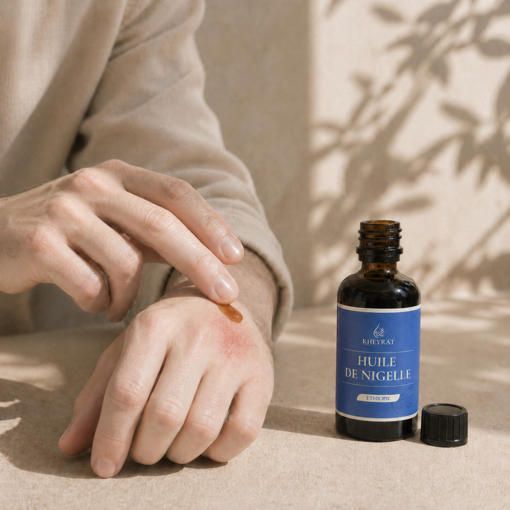 application d’huile de nigelle sur une peau sensible pour apaiser une irritation
