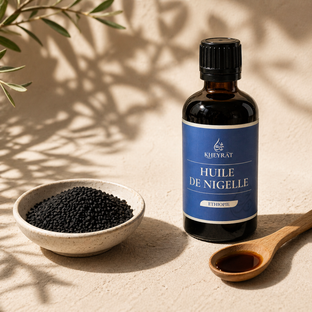 huile de nigelle et graines de nigelle présentées ensemble pour comparer leurs usages naturels