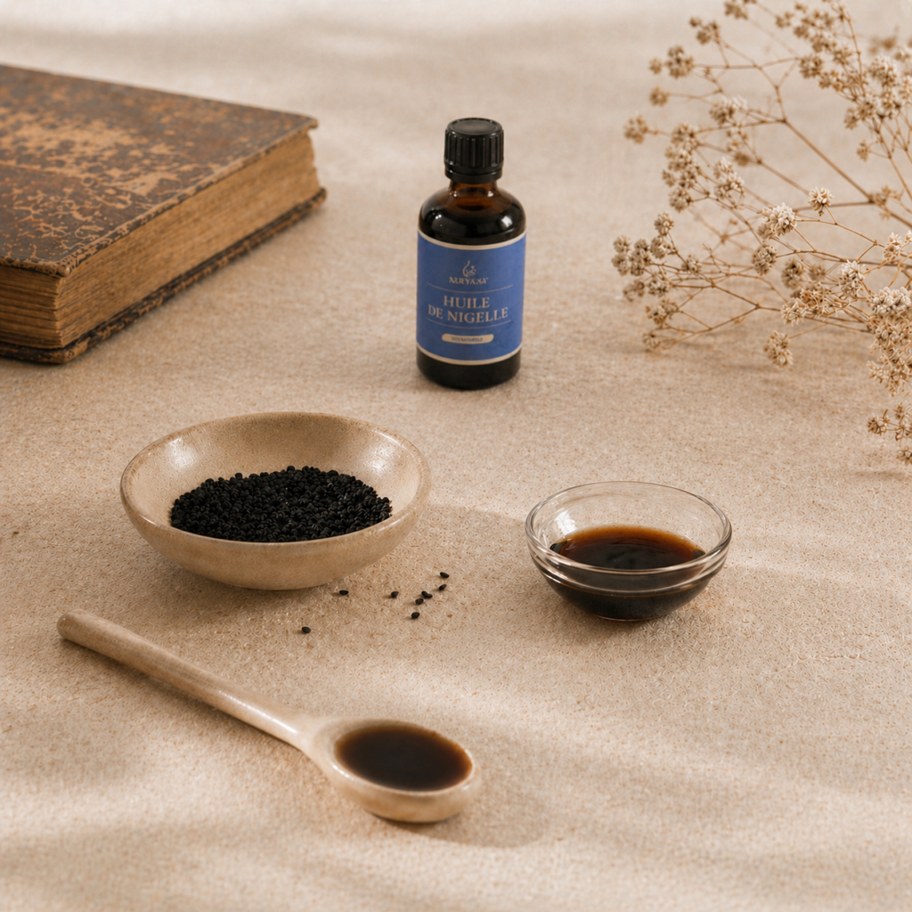 huile de nigelle avec graines de nigelle et livre ancien pour illustrer son usage traditionnel